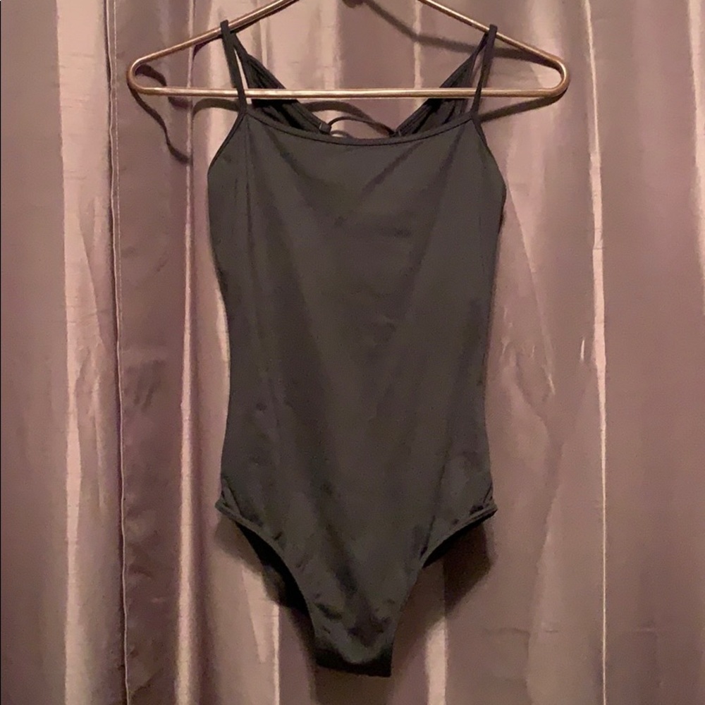Black leotard with crisscross detailing
